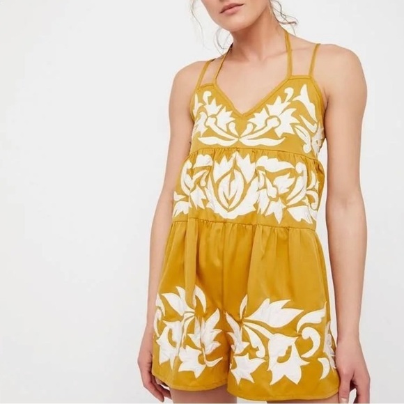 Free People Mustard Yellow Gold and White Detailed Romper - Picture 3 of 14